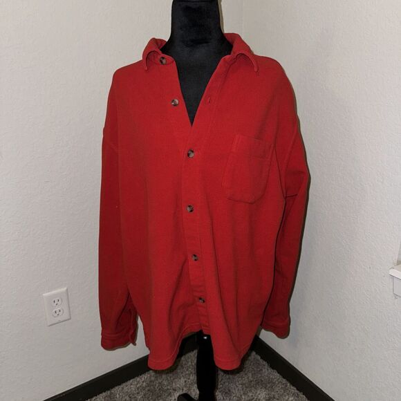 Gap Shacket Large Red Fleece Lined Long Sleeve Collared Pocket Button Front - Picture 1 of 8